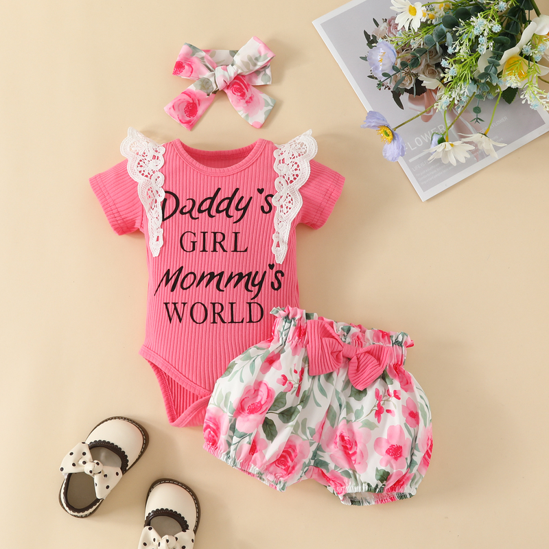 Babies' clothes Summer baby girl lace short-sleeved triangle romper top shorts girls lace letters short-sleeved flower bow tide_voghion.com