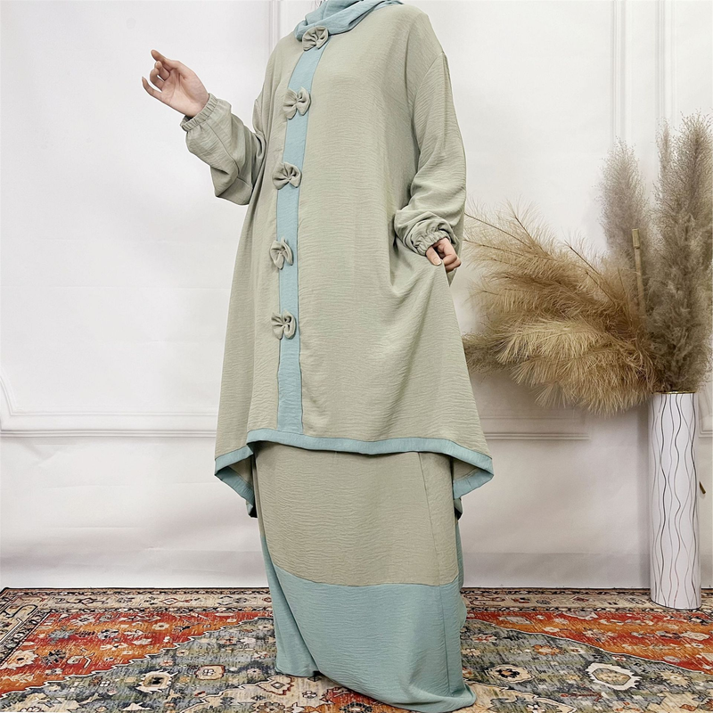 Conjunto de duas peças de seda enrugada com laço, cor sólida, chapéu de duas camadas, vestido de manga comprida, feminino, árabe, Verve_voghion.com