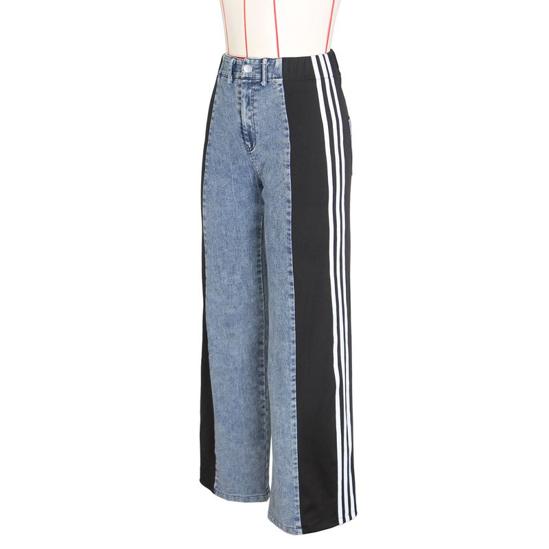 Ropa de mujer Pantalones vaqueros de pierna ancha con tres rayas y empalme de moda de verano Pantalones rectos elásticos de cintura alta informales nuevos para mujer_voghion.com