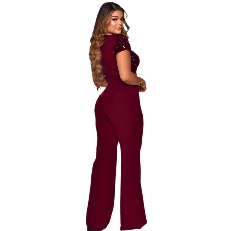 Women's Clothing Sequin Stitching Wide Leg Pants Short Sleeved Jumpsuit_voghion.com