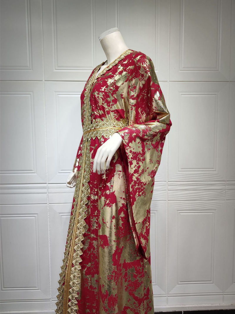 Damekjole forgyldt muslimsk chiffonkåbe med bæltekjole_voghion.com