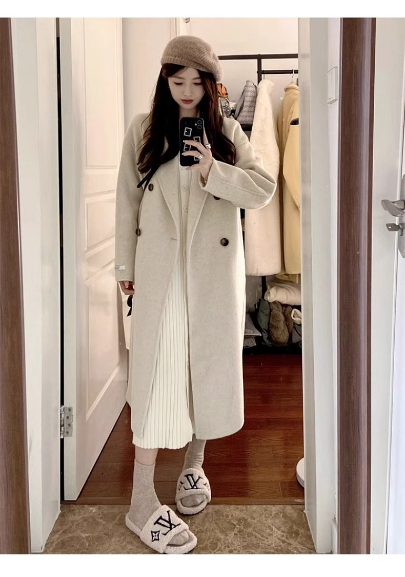 Yllekappa för kvinnor på vintern, förtjockad Hepburn-stil, extra lång, ankellängd, knälång, lös och trendig yllekappa_voghion.com