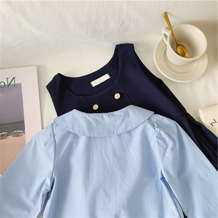 Abbigliamento per bambini, set autunnale per ragazze, graziosa camicia universitaria feng shui+gonna gilet in stile britannico blu navy_voghion.com