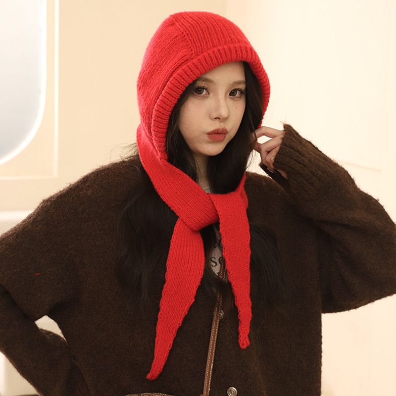 Cappello passamontagna rosso per donna in autunno inverno, caldo e spesso lavorato a maglia, protezione integrata per collo e orecchie, cappello di lana, alla moda_voghion.com