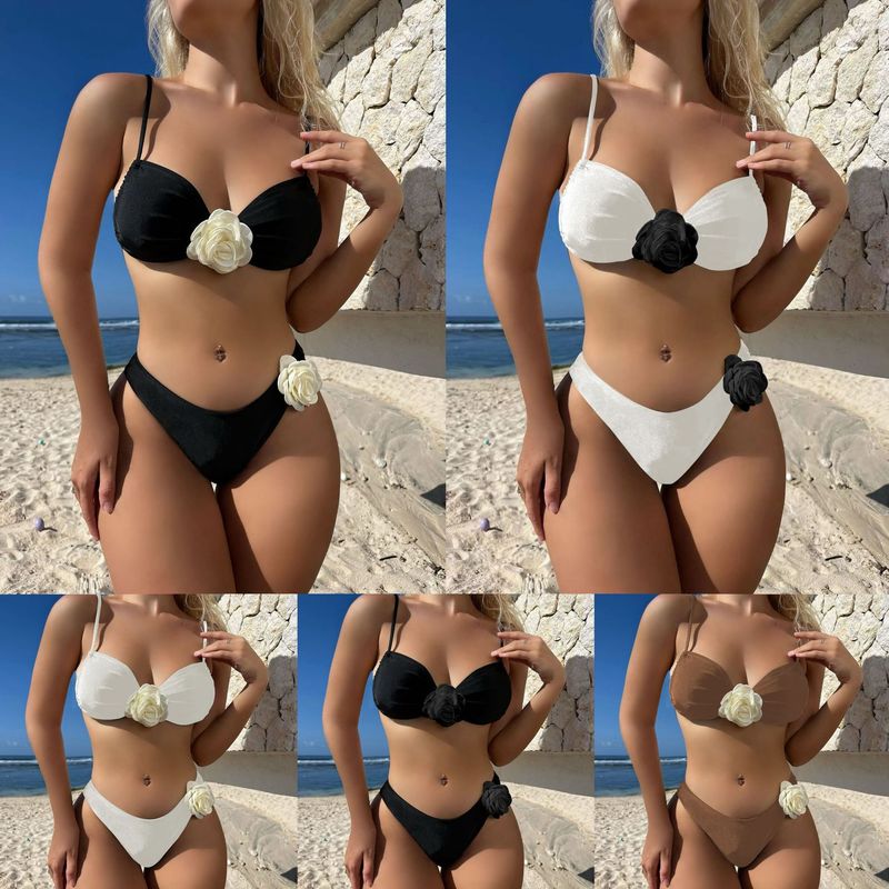 European And American Solid Color Rose Drawstring Split Swimsuit Bikini Bikini Cross Border Foreign Trade_voghion.com