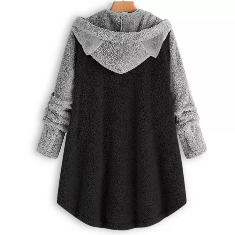 Women's Clothing Autumn And Winter Button Hooded Cat Ear Plush Top Irregular Trendy Brand Color Matching Jacket For Women_voghion.com