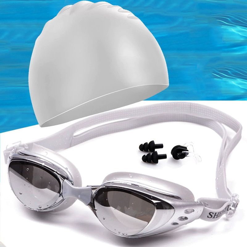 Occhialini da nuoto antiappannamento galvanizzati + cuffia da nuoto in silicone + tappi per le orecchie con clip nasale in silicone, set da cinque pezzi_voghion.com