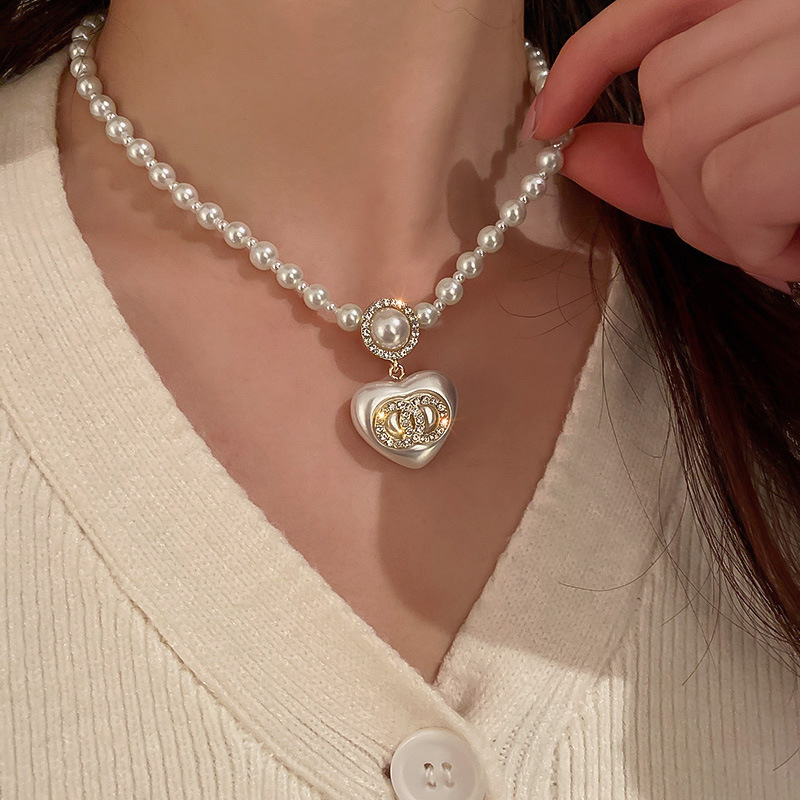 Collana francese Love a doppio cerchio con diamanti e perle_voghion.com