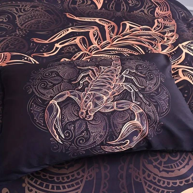 Schwarz-goldenes Bettdeckenset mit Skorpion-Konstellation, weich und bequem, für Schlafzimmer und Gästezimmer, Digitaldruck, dreiteiliges Set_voghion.com