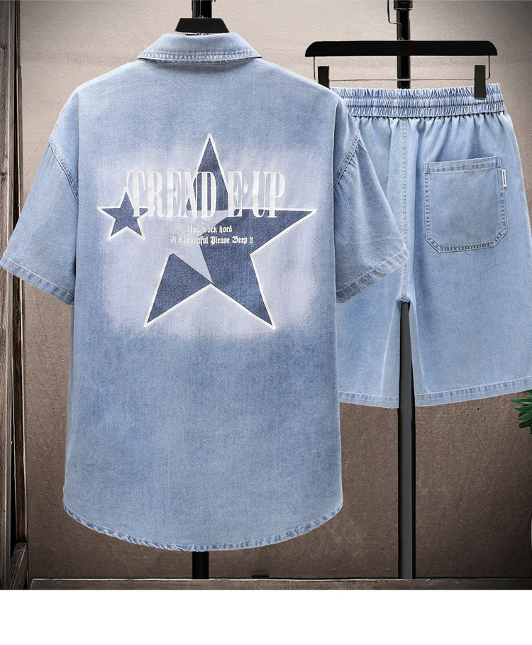 Herenkleding Zomer Korte Mouwen Heren Casual Pak Trendy Denim Overhemd Dunne Tieners Losse Knappe Shorts Tweedelig Pak_voghion.com