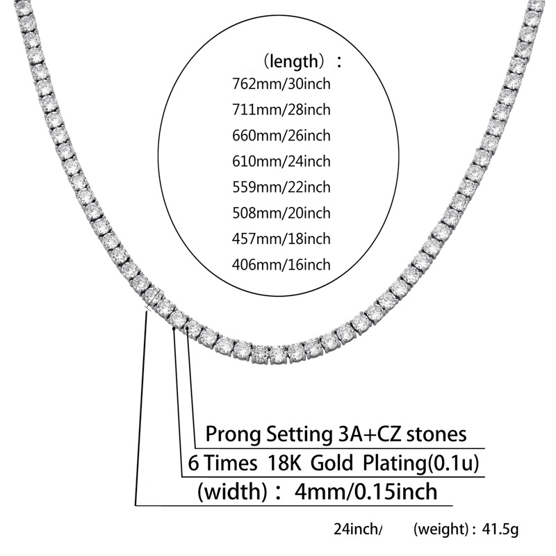 Hiphop-tennisketting voor heren en dames met micro-ingelegde zirkonia en veersluiting in de maten 3 mm, 4 mm, 5 mm en 6 mm. Verkrijgbaar in goud, zilver, roségoud._voghion.com