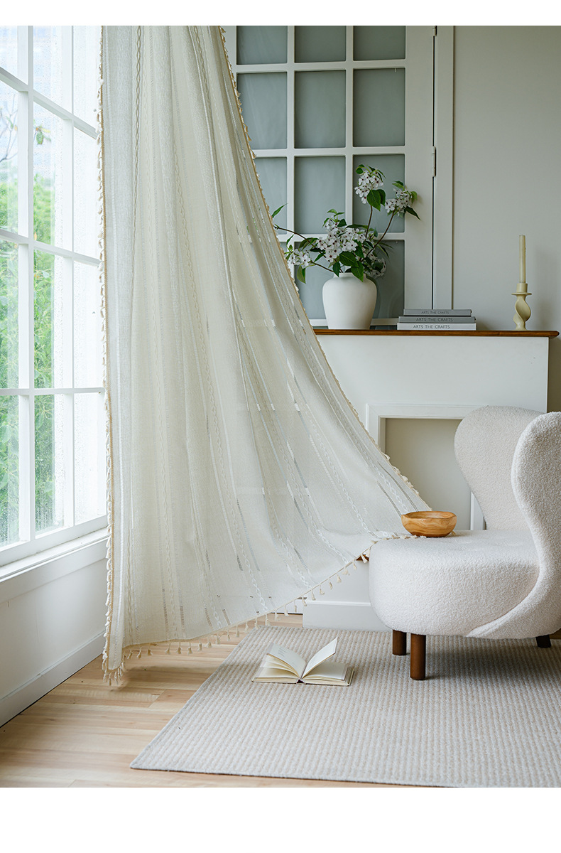 Cortinas semitransparentes de algodão e linho - Bordados minimalistas e designs listrados para cozinha, quarto e divisórias de ambientes (várias cores e tamanhos disponíveis)_voghion.com