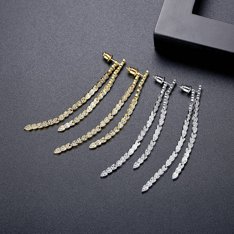 Women's Jewelry Heart-Shaped Tassel Drop Earrings With Micro-Pave Stones, Elegant Long Dangling Statement Earrings For Women_voghion.com