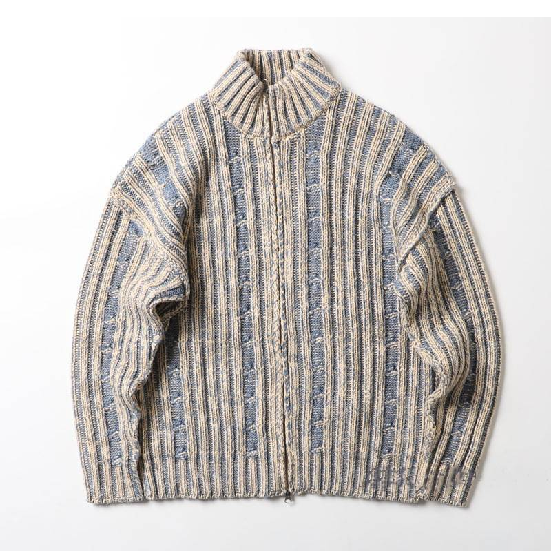Cardigan con doppia cerniera Y2K – Giacca oversize in maglia a trecce con collo alto (bluastro/nero, M-3XL)_voghion.com