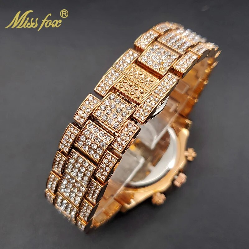 Missfox - Gouden herenhorloge, regenboogdiamanten wijzerplaat, chronograaf met drievoudige wijzerplaat, waterdicht, sportief, elegant_voghion.com