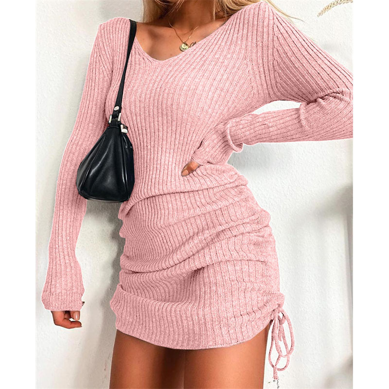 Vêtements pour femmes pull tricoté col en V à manches longues automne et hiver sexy coupe ajustée jupe filetée jupe plissée à cordon de serrage_voghion.com