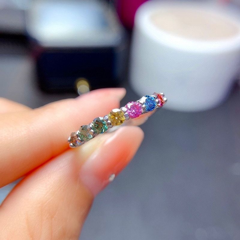 Rainbow For Women, Moissanite Band Ring, Crystal Clear Good Color, Silver Plated, Inlaid Adjustable Ring_voghion.com