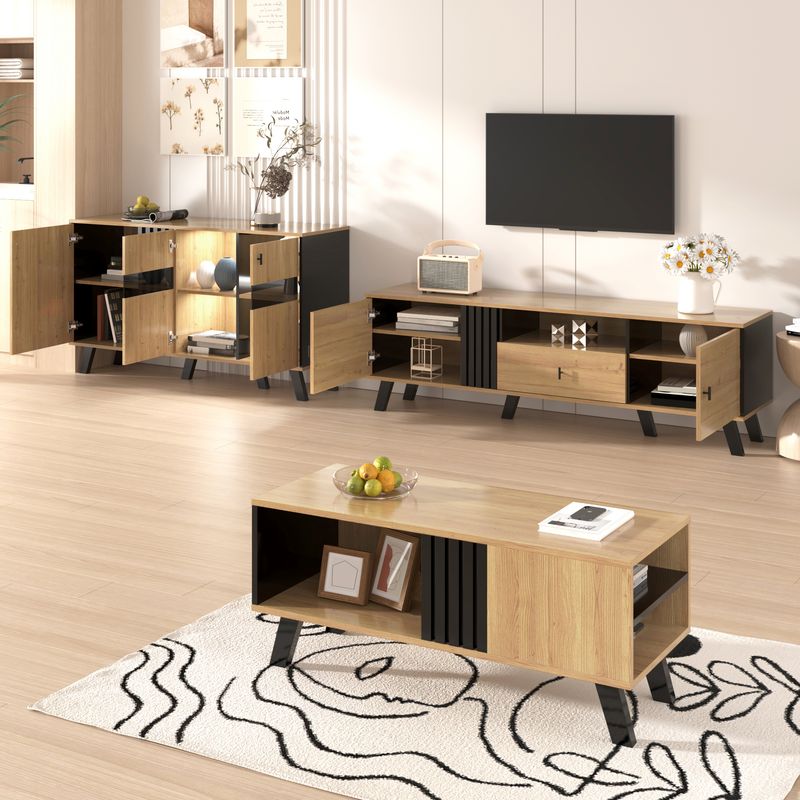 Buffet avec éclairage LED et verre, armoire en stratifié beige avec finition noire et bois, design unique à rayures noires_voghion.com