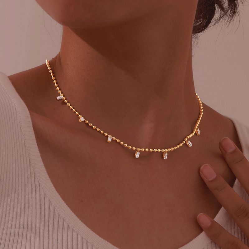 Women's Jewelry - Gold Plated Stainless Steel Necklace With 7 White Square Zircon Stones, Geometric Beaded Chain, Minimalist Elegance_voghion.com