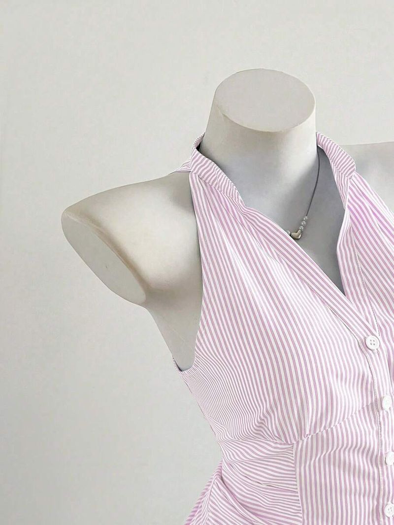 Camicia senza maniche a righe con spalle scoperte, per donna, estiva, dal design aderente, con scollo all'americana e corto in chiffon_voghion.com