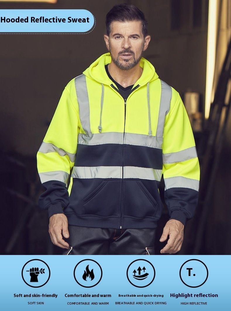 Reflektéierend fir Wantersport Vëlosport, Waarm Fluoreszent Jackett, Nuecht Héichhellegkeet Faarfblock Hoodie, Reflektéierend_voghion.com
