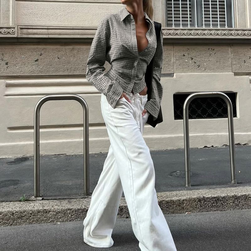 New Autumn Plaid Color-Block T-Shirt Elegant Commuter Waist-Tie Button Long Sleeve Shirt Top_voghion.com