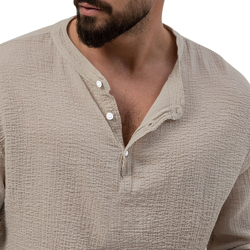 Camicia casual da uomo in tessuto a bolle, a maniche lunghe, tinta unita, con bottoni, tendenza 2023_voghion.com