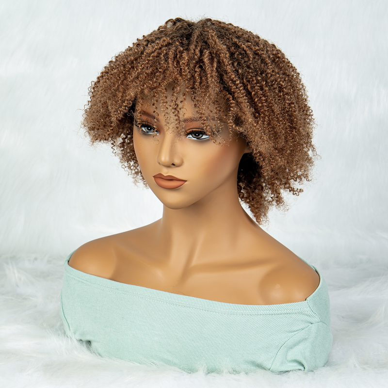 Short fluffy and breathable bob machine-made rose mesh real hair jerry curly brown and black color-blocked screw curls_voghion.com
