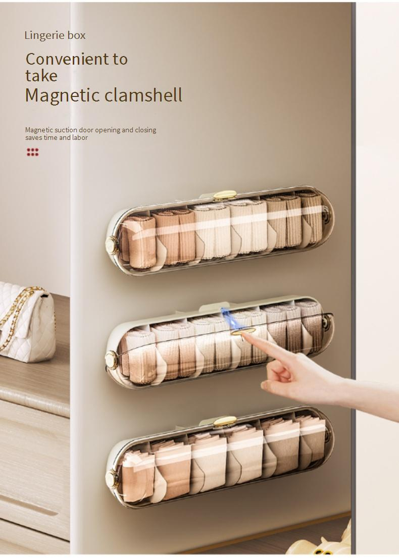 Caixa de armazenamento de roupas íntimas com capa magnética de parede, armário de parede, caixa de meias sem furos, compartimento para armazenamento de roupas íntimas_voghion.com