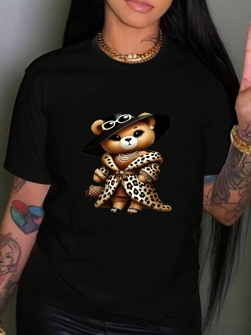 Plus Size Fashion Women's Short Sleeve Leopard Print Bear Young Woman Pattern T-Shirt Loose Comfortable Casual Crew Neck T-Shirt_voghion.com