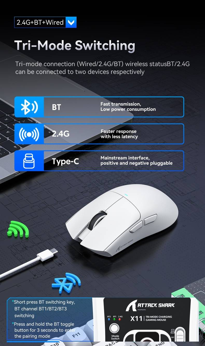 Attack Shark X11 Tri-mode Bluetooth Wireless Gaming Mouse With With Magnetic Charging Dock Lightweight Anti Slip Mouse PixArt PAW3311 Sensor 22K DPI_voghion.com