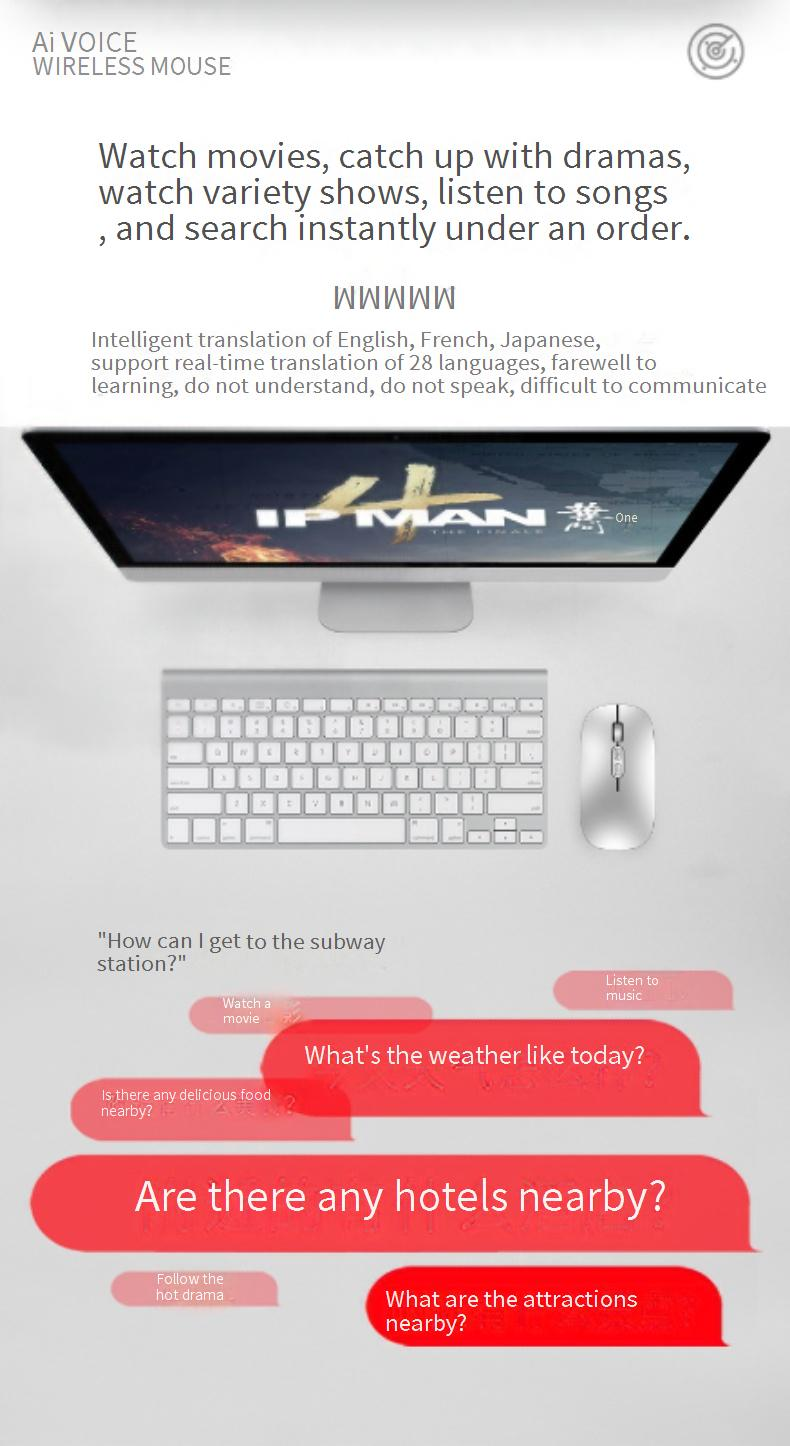 Kabellose Maus mit KI-Sprachsteuerung, Spracherkennung und Übersetzung – Bluetooth/2,4G-Dualmodus, ergonomisches Design, 1600 DPI, kompatibel mit Laptops_voghion.com