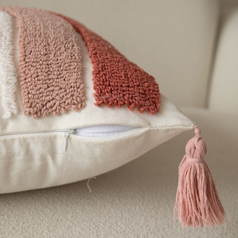 Decorative Tassel Throw Pillow Cover - Modern Pink Polka Dot Square Cushion Cover With Detachable Design For Sofa, Bed, Living Room"_voghion.com