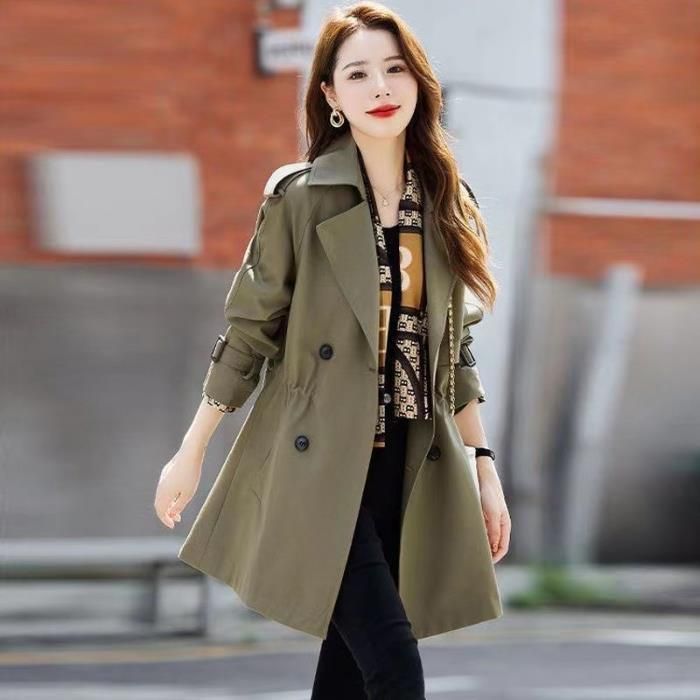 Women's Slim Fit Trench Coat With Belt - Elegant Double-Breasted Polyester Blend Jacket For Petite (Beige, Black, Army Khaki, With Free Scarf)_voghion.com