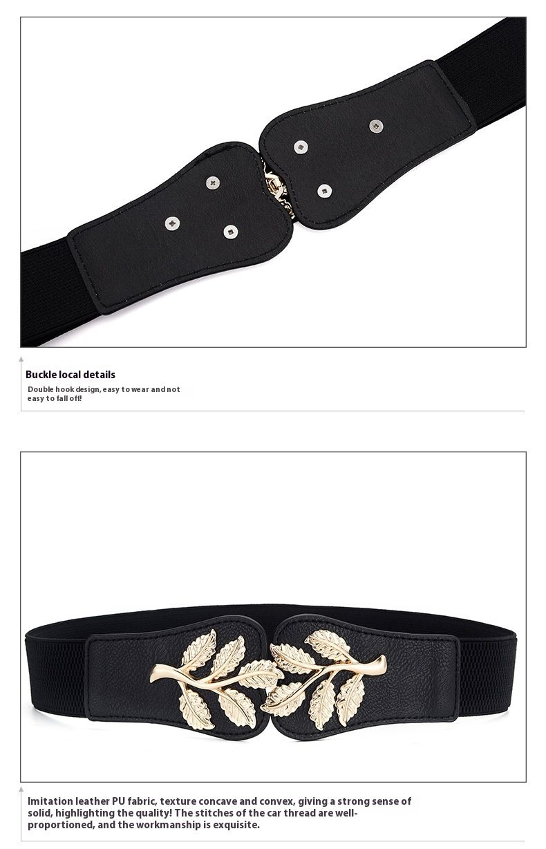 Nouvelle mode femme polyvalente large feuille d'or décoration doudoune jupe ceinture élastique taille couverture_voghion.com