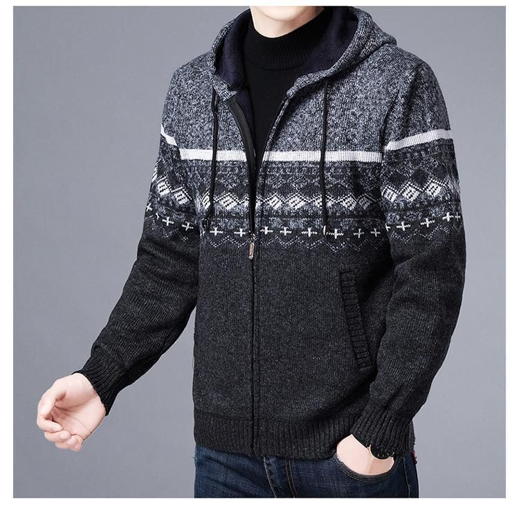 Winter new coat hooded fleece sweater color blocked casual zipper knitted men's cardigan_voghion.com
