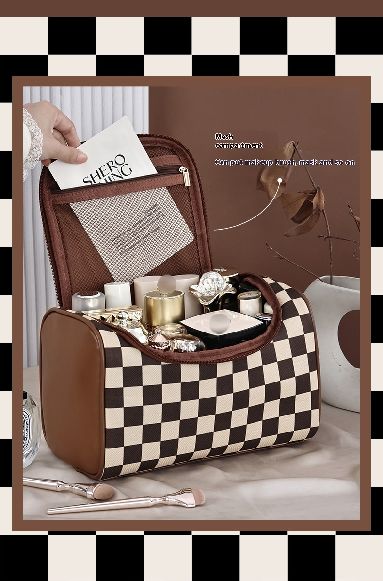 Chessboard Style Grooming And Storage Bag Maillard Large Capacity New Retro Portable Makeup Bag High Beauty Storage Handheld_voghion.com