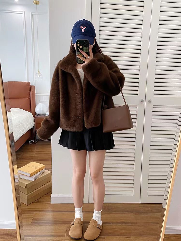 Damenbekleidung Stehkragen Kurzer Nerzsamt Damen Kunstsamt Nerzpelzmantel Kurzer Stehkragen Winter Umweltfreundliche Kunstpelzjacke_voghion.com