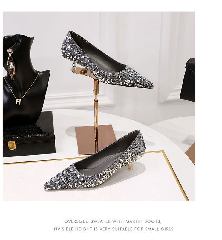 Glitzernde High Heels mit spitzer Zehenpartie für Damen – Elegante Partyschuhe mit niedrigem Schnitt und Glitzerstoff und bequemem Mittelabsatz für Frühling und Herbst_voghion.com