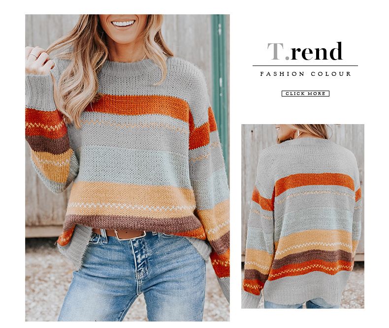 Shiying Herbst und Winter neues Pullover-Oberteil für Damen, lockerer Rundhals-Strickpullover mit Streifen und Kontrastdruck für Damen_voghion.com