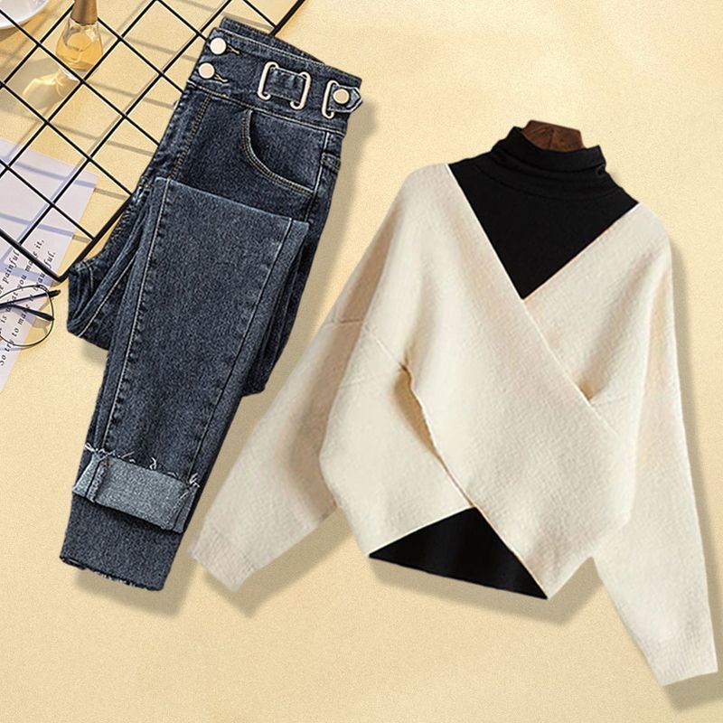 Women's Clothing Large Size Women's Autumn And Winter Suits New Red Knitted Sweater Women's Slim Jeans Two Piece Suit_voghion.com