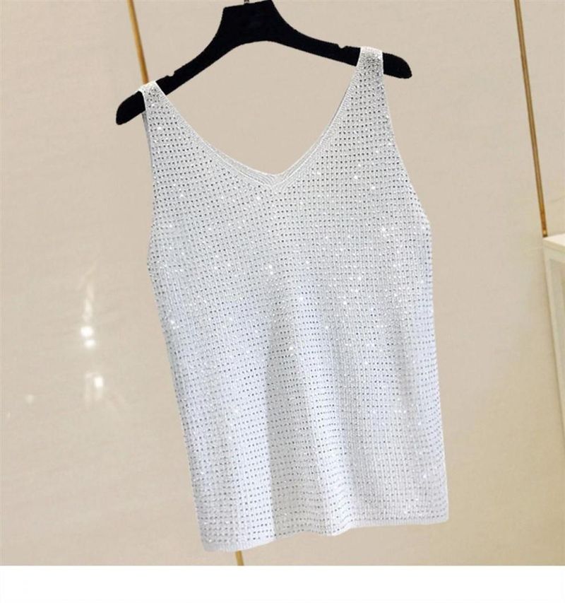 Women’s Clothing Loose Bright Silk Hot Diamond Summer Korean Ice Silk Heavy Knitted Sequined Vest New Style Bottom Outer Wear Sleeveless Top_voghion.com