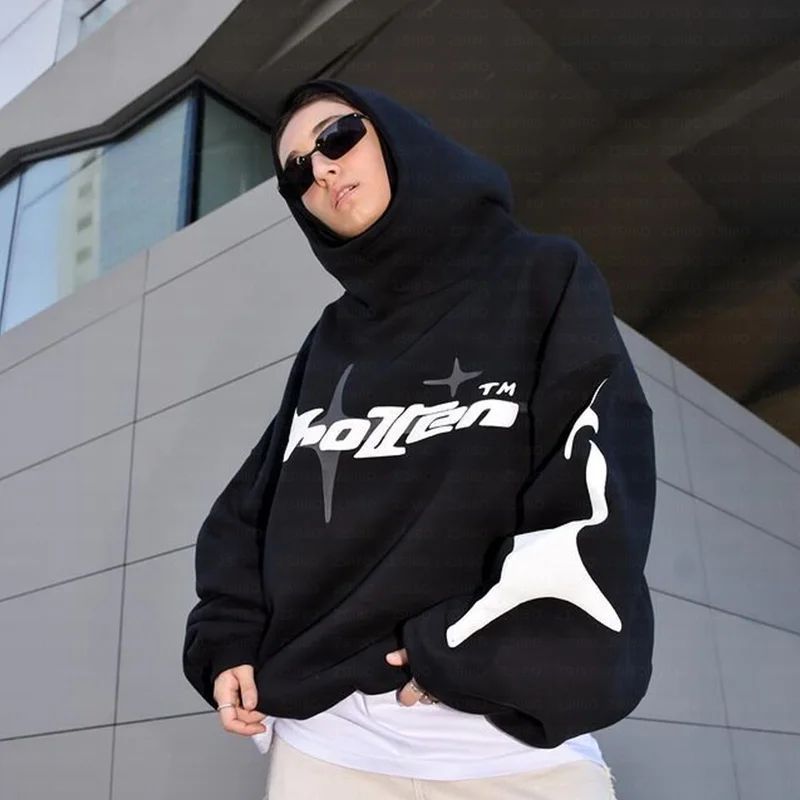 Felpa con cappuccio oversize unisex con stampa a forma di stella - Abbigliamento streetwear alla moda con collo alto per uomo e donna - Felpa casual comoda e ampia_voghion.com