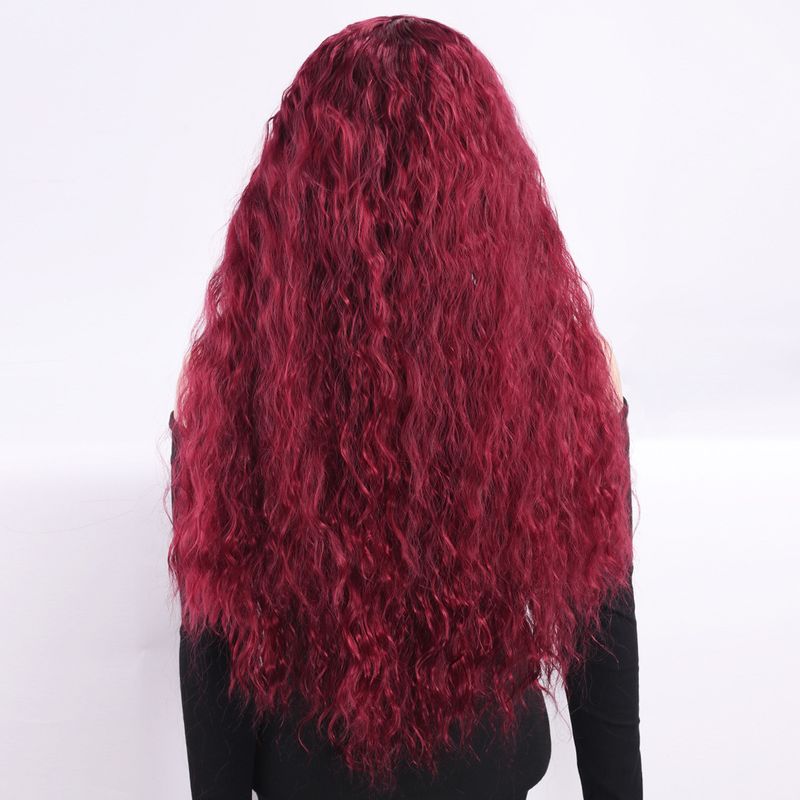Parrucca con extension per capelli, nuova parrucca per donna, capelli neri ricci alla moda, ondulati, ricci di mais, riga centrale, frangia, copricapo completo._voghion.com