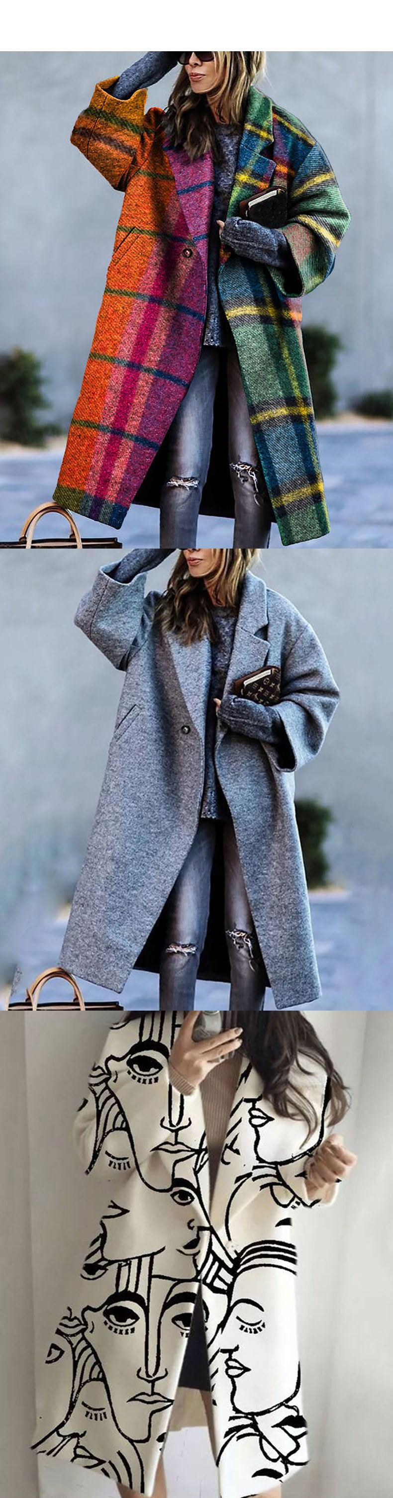 Női, hosszú ujjú hajtókás kabát, tweed nyomott molett trench kabát_voghion.com