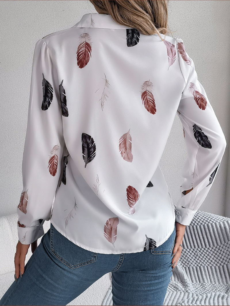 Blusas de túnica de otoño con gráficos de plumas para mujer, camisas de manga larga con farol, cómodas, holgadas, con botones y solapa_voghion.com