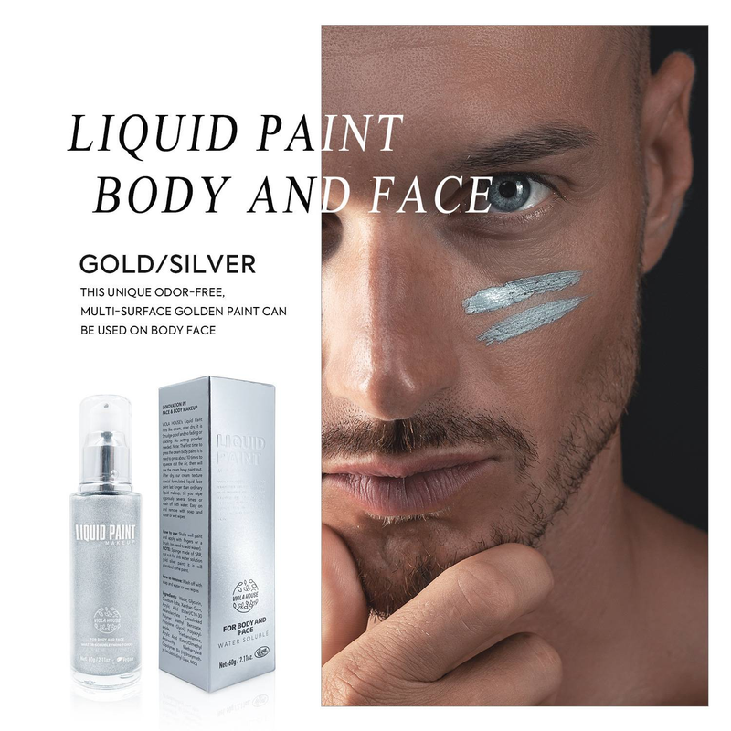 Silbernes flüssiges Körperschminken Gesichts-Makeup Bühnen-Makeup Festival-Event_voghion.com