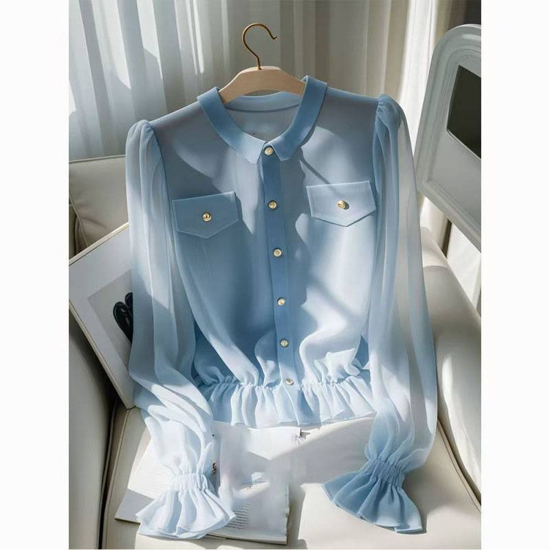 Dameskleding Mode Licht Volwassen Stijl Dame Dun Ontwerp Houten Oorrand Trompetmouw Los Shirt_voghion.com