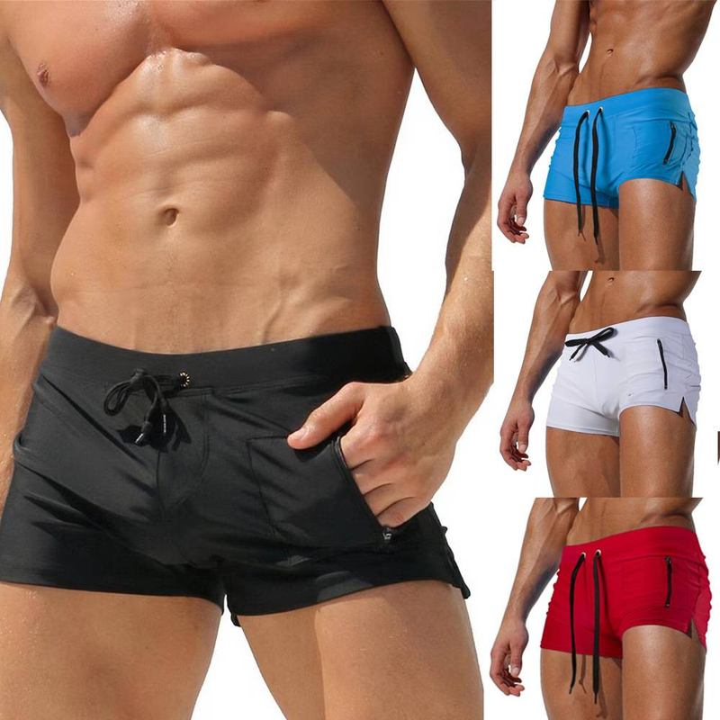 European And American Men's Swimming Trunks, High-waisted Tight-fitting Lace-up Briefs, Fashionable Solid-color Five-inch Casual Pants_voghion.com