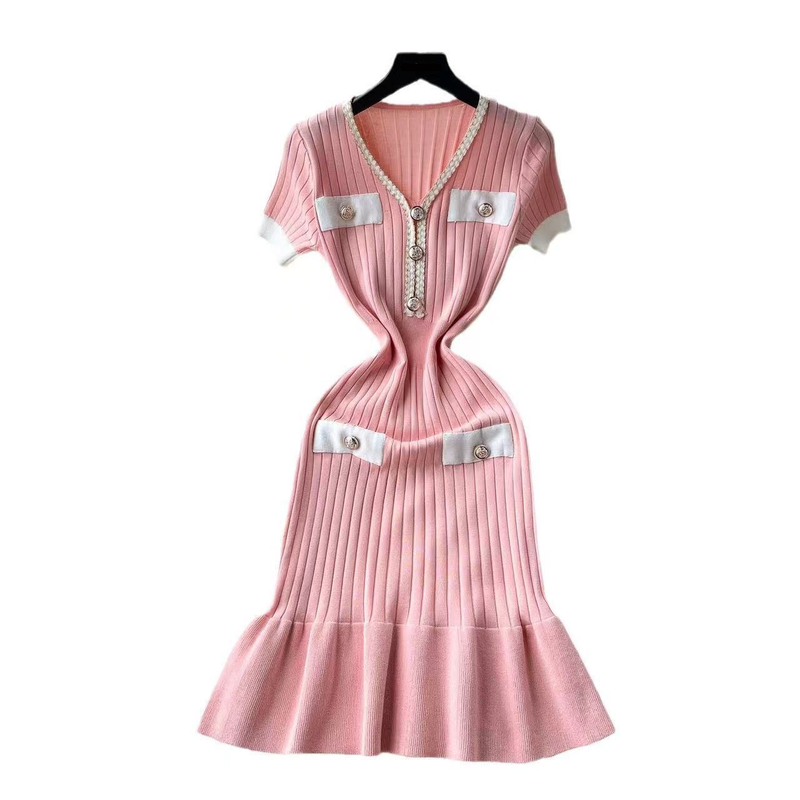 Abito a sirena con scollo a V e gonna aderente in maglia nera con vita aderente e temperamento da donna_voghion.com